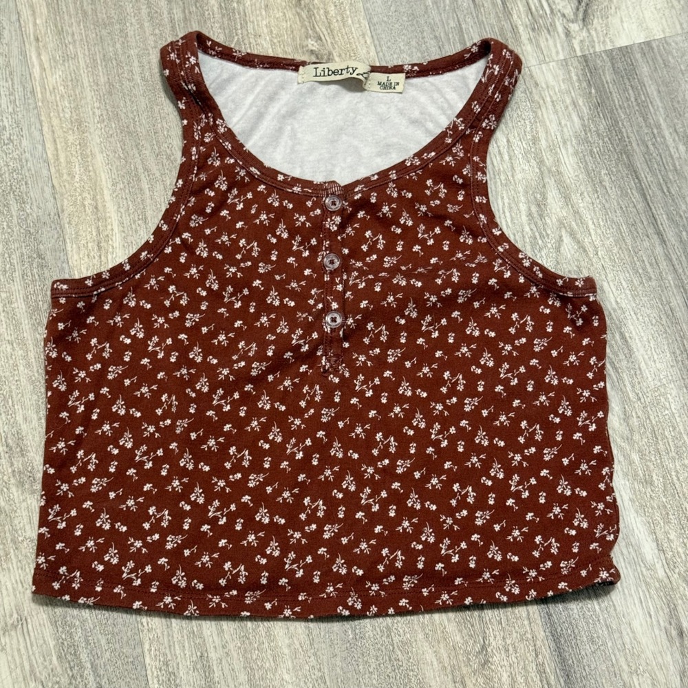 Liberty Floral Print Henley Crop Tank Top Women's Size L Brown White Button Up